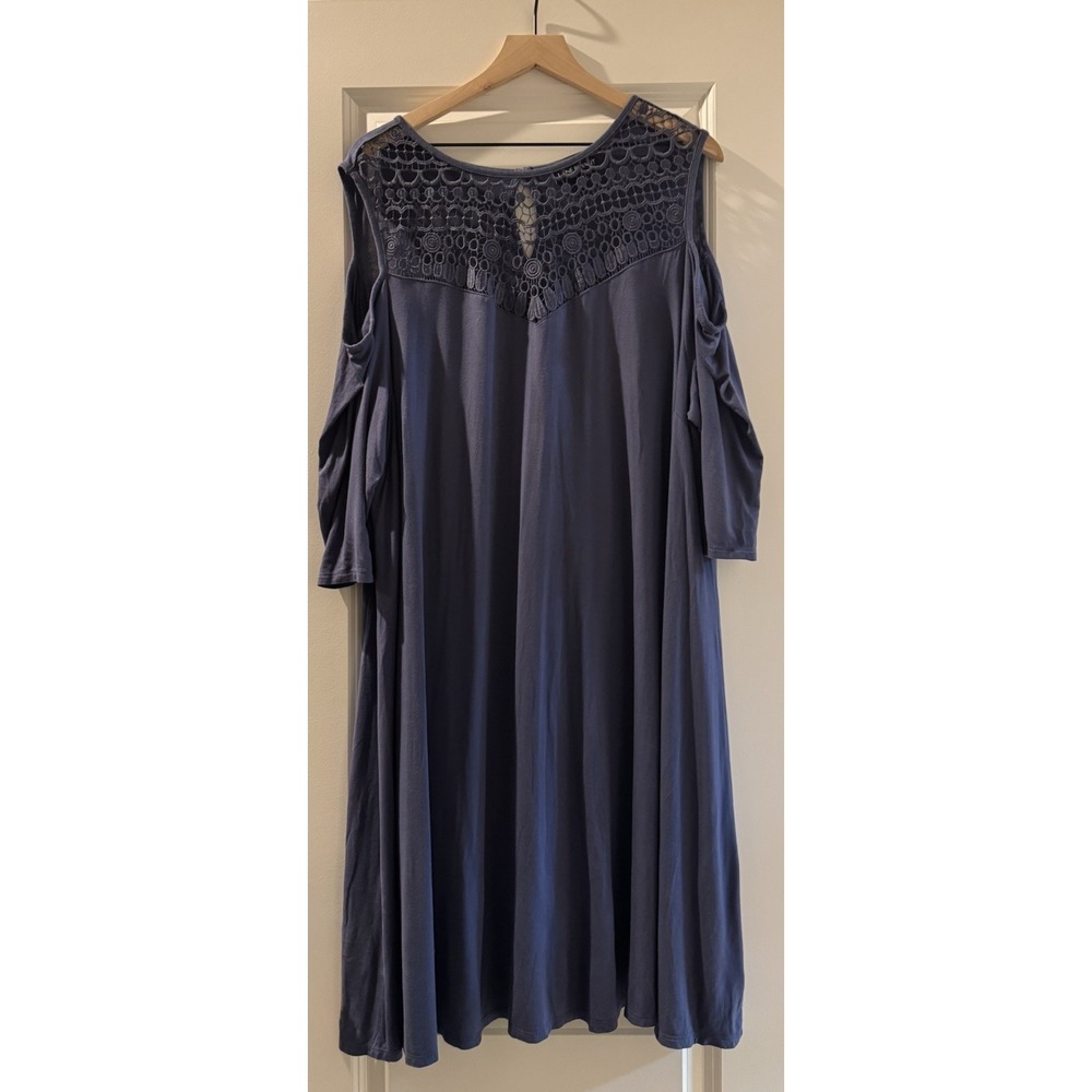 Lane Bryant Plus Size 26/28 Blue Cold Shoulder Swing Dress Lace Crochet Overlay